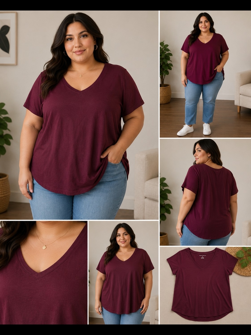 Amazon Essentials Women's V-Neck Short Sleeve Tee - Burgundy